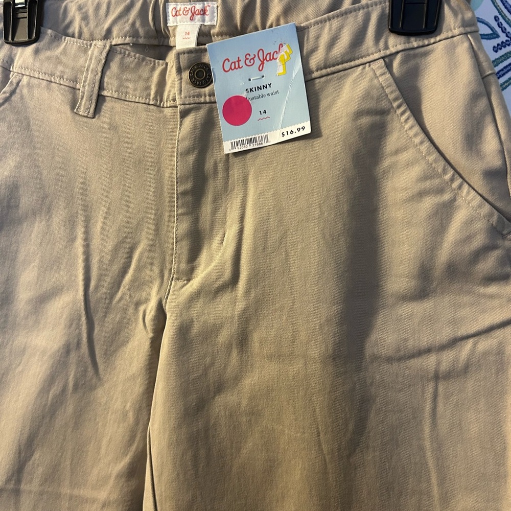 Cat & Jack Khaki Casual Pants w/Flat Front and Elastic Side Bands, NWT Zipper - Picture 2 of 8
